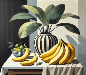 Wall Mural - A still life painting featuring a variety of bananas on a table