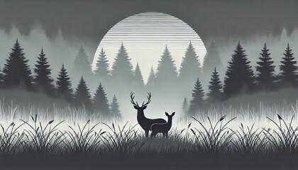 Wall Mural - An illustration of a forest with two deer at sun set