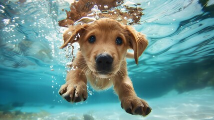 Underwater funny photo of golden labrador retriever puppy in swimming pool play with fun - jumping, diving deep down. Actions, training games with family pets and popular dog breeds on summer vacation