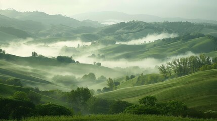 Poster - The sight of a misty rain over rolling hills, the landscape shrouded in a soft, ethereal veil, evokes a sense of mystery and beauty.