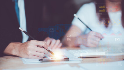 Aufkleber - business people read business statistics chart reports to analyze and improve corporate strategy ,Manage financial and marketing documents, Company growth information,Managing Business Insights