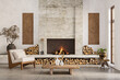 © Василь Чейпеш - Wabi sabi style interior with rustic fireplace and white stucco walls. Wall mockup, 3d rendering