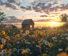 Revisited Scene: A Delicate Cardboard Shack Amid Blooming Glade Under Calm Skies