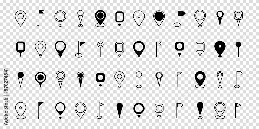 Set black location pin icon. Map pin place marker. Destination symbol. Modern Map marker pointer logo icon set. GPS pin symbol collection. Flat style. Vector illustration on transparent background.