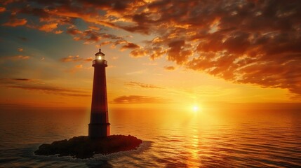 Wall Mural - The silhouette of a lighthouse standing tall against the backdrop of a stunning sunrise over the ocean is a sight to behold.