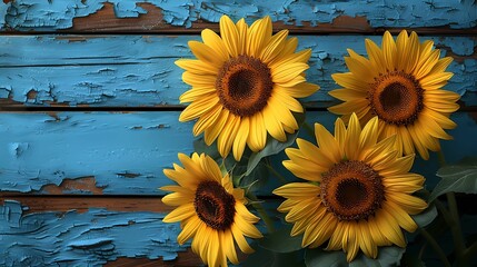 Vibrant arrangement of bright yellow sunflowers against a textured blue wooden background. The golden petals and rich brown centers of the sunflowers create a striking contrast with the rustic, weathe