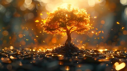Captivating digital artwork of a vibrant green tree growing from a mound of soil, surrounded by scattered coins. Sunlight filters through, creating a warm, golden glow that bathes the scene in etherea