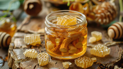 Wall Mural - Jar of natural honey with honeycomb and dried herbs on rustic wooden table