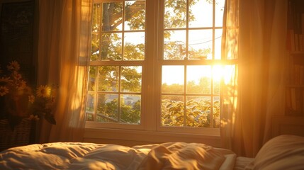 Wall Mural - The soft, golden light of a sunrise streaming through a bedroom window gently wakes you, signaling the start of a peaceful day.