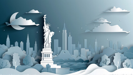 Stylized paper-cut illustration of the Statue of Liberty with New York City skyline and a crescent moon