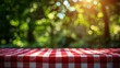 © pornsawan - Red checkered tablecloth texture top view with abstract green bokeh from garden and flower in morning background.For montage product display or design key visual layout.