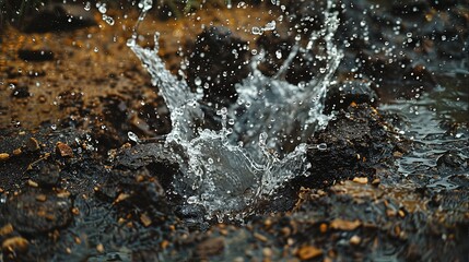 A powerful snapshot capturing a dynamic splash of water breaking through wet soil particles, illustrating the transformative power of water in rejuvenating and shaping the earth's surface.