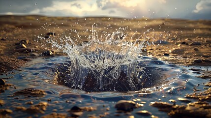 A bursting splash of water hitting barren land under a cloudy sky, capturing the dramatic moment where water breathes life into the desolate ground, symbolizing hope and renewal.