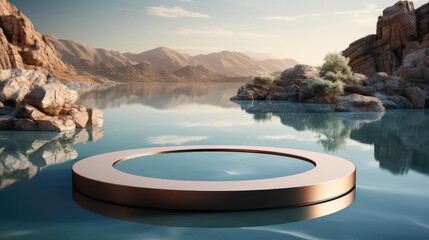 Wall Mural - 3d circle podium product stand or display with sky and Water background and cinematic light