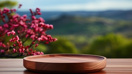 Sticker - a wooden bowl with flowers in the background