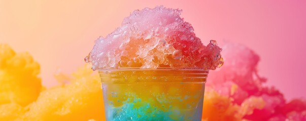 Wall Mural - A vibrant, rainbow-colored crushed ice slushy drink in a clear plastic cup, topped with colorful ice crystals, and a striped straw, against a pastel gradient background.