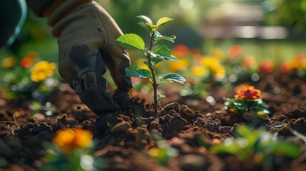 Gardening: Hand Planting a Young Seedling in a Flower Bed - Generative AI