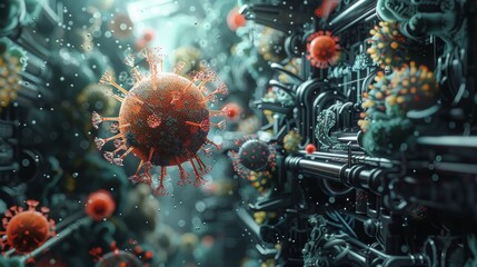 Sticker - A conceptual 3D illustration of a virus hijacking the machinery of a host cell to produce more viruses, showing the impact of viral infection.