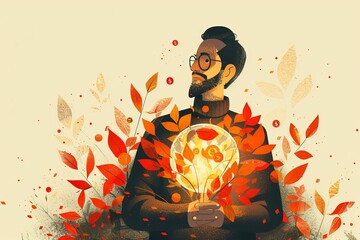 Wall Mural - Meditating person with glowing heart representing inner peace and mindfulness in a serene autumn setting