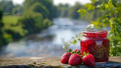 Poster - A jar of homemade strawberry jam perfect for spreading on warm slices of toast while admiring the tranquil river flowing by.