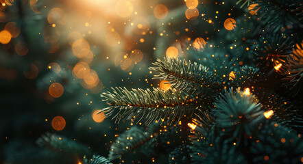 Wall Mural - A close-up photo of a Christmas tree branch with warm, glowing lights and a bokeh effect in the background