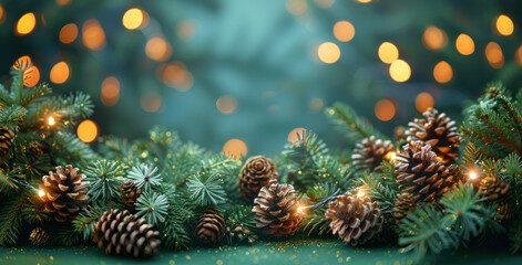 Wall Mural - A close-up of pine cones and evergreen branches adorned with twinkling lights, creating a cozy winter scene