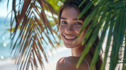 Young beautiful woman in palm leaves on the ocean shore on a tropical island resort