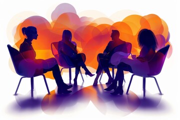 Wall Mural - group discussion in silhouette style with colorful abstract background and soft gradient