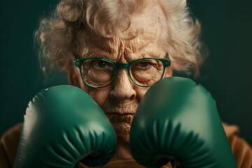 Elderly woman with green boxing gloves and glasses, showing determination and strength against dark background.