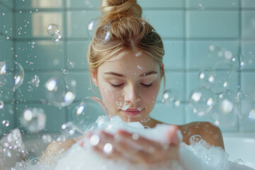 Poster - A beautiful woman is washing her hands in the bathtub, with water splashing on them and bubbles floating above their heads