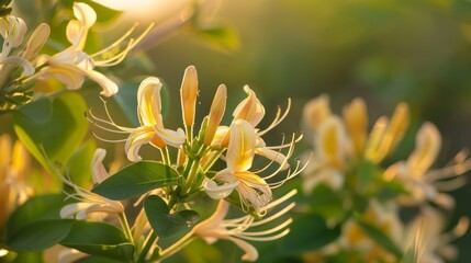 Wall Mural - The sweet scent of honeysuckle fills the garden, its delicate flowers a magnet for bees and butterflies.