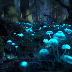 Poster - A forest with glowing blue mushrooms