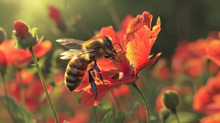 Wall Mural - The symbiotic relationships in nature, such as bees pollinating flowers, highlight the intricate balance of ecosystems.