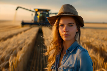 Young woman in a hat standing in a wheat field during harvest with a combine harvester in the background at sunset.