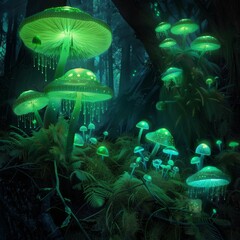 Poster - A forest of glowing green mushrooms