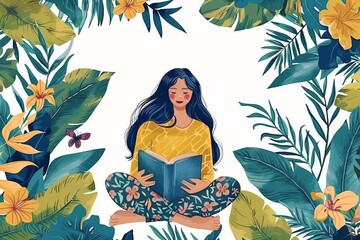 Wall Mural - Woman Meditating in Tropical Forest Digital Art