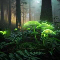 Poster - A forest scene with three glowing green mushrooms