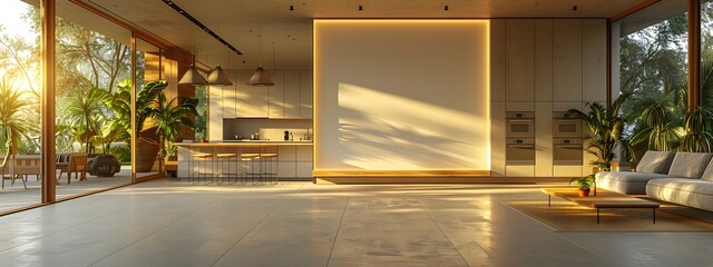 Sleek and radiant modern kitchen with a 360 degree panoramic mockup frame featuring high dynamic range clarity Scandinavian design influence and late afternoon sunlight illumination