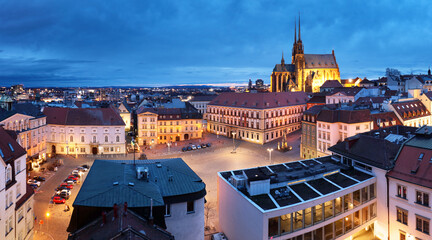 Poster - Old Town with Christmas Market and Cathedral of St. Peter and Paul in Brno, Czech Republic as Seen from City Hall Tower at Night