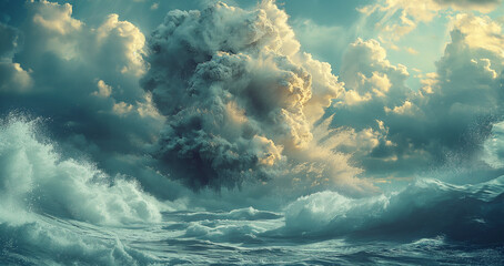 
A dramatic bomb explosion in the sea, with a massive water plume, shock waves, and turbulent waves under a cloudy sky
