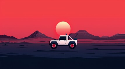 Off-road vehicle at sunset.