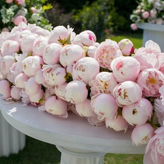 Beautiful pink peony flowers on white stone table