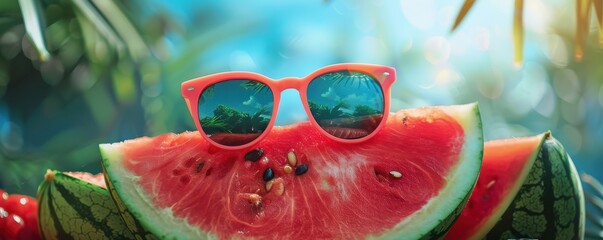 Wall Mural - A fun, summery image of a watermelon slice wearing bright sunglasses, reflecting a tropical scene, set against a blurred background of palm leaves and a sunny sky.