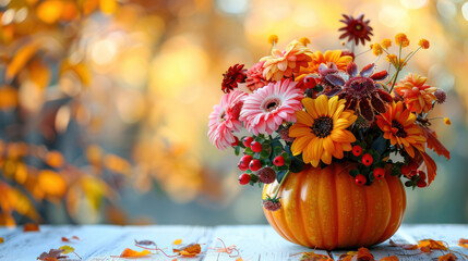 An autumn bouquet of colorful flowers arranged in a pumpkin vase sits on a wooden table