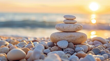 Wall Mural - Beachside tranquility with rock pyramid on pebbles during sunset