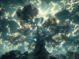 Wall Mural - large ancient tree raise to sky sun behind it