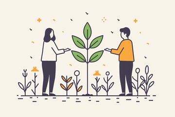 Whimsical vector illustration of two people planting together emphasizing community and environmental care