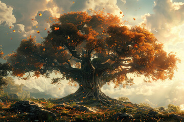 Wall Mural - dramatic view of ancient giant tree in evening time