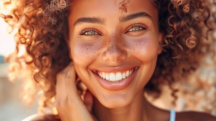 A close up view of an African American woman with curly hair, smiling brightly