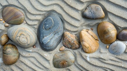 Wall Mural - Sea stones scattered on sandy beach with rhythmic wave patterns